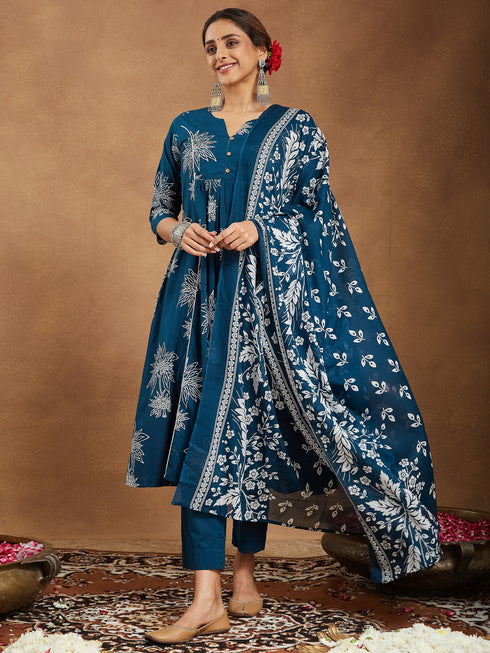 Janasya Women's Teal Blue Pure Cotton Floral Printed A-line Kurta Set
